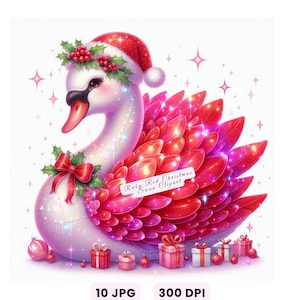 May include: A digital illustration of a swan with a red Christmas theme. The swan has a white body, a red Santa hat, and a red and pink feathery design. The image includes the text "Ruby Red Christmas Swan Clipart".