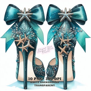 Elegante clipart de tacones altos con forma de estrella de mar verde azulado y lazo coqueto: PNG de moda inspirado en el océano para pegatinas de verano, diarios, sublimación y manualidades.