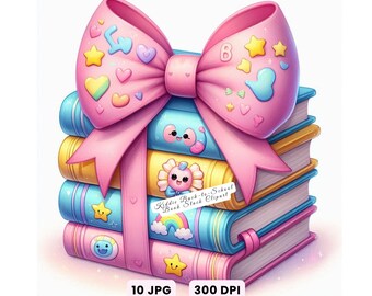 10 imágenes prediseñadas de libros en formato JPG, pila de libros infantiles con lazo para la vuelta al cole, bonitas imágenes prediseñadas escolares en formato PNG, libros pastel con lazo, decoración para el aula de profesores