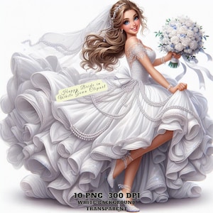 10 Bride Clipart Bundle PNG, Sposa felice in abito bianco PNG, Set adesivi per matrimonio, Arte per addio al nubilato, Download digitale, Sublimazione fai da te
