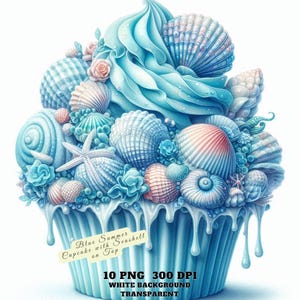 Clipart de cupcakes de verano, cupcakes de verano azules con conchas PNG, postre con temática oceánica, dulce de acuarela, descarga digital para uso comercial