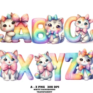 Rainbow Cat Alphabet Clipart, Cute Watercolor Baby Cat A–Z Letters PNG, Pastel Nursery Animal Font, Digital Download, Kids Room Wall Art PNG