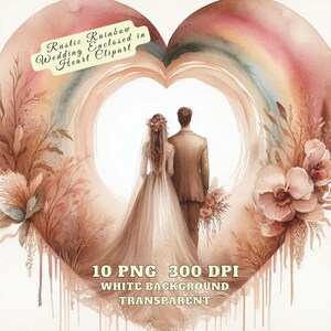 Rustieke regenboog bruiloft clipart, rustieke regenboog bruiloft ingesloten in hart clipart, boho bruiloft png, rustieke boho bruiloft paren clipart png