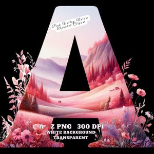 Rosa Tal Natur Alphabet Clipart PNG, A-Z Malerische Buchstaben Kunst, Rosa Landschaft Buchstaben mit Bergen, 300 DPI, Transparent, kommerzielle Nutzung
