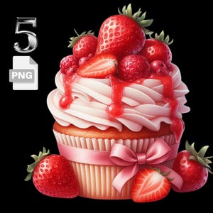 5 PNG Aquarell Erdbeere Shortcake Cupcake Clipart, süße Dessert Illustrationen, Cupcake PNG, kommerzielle Nutzung, transparente Bäckerei ClipArt