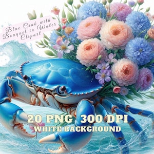 Blue Crab Clipart, Blue Crab with Bouquet in Water Clipart, Blue Crab Holding Flowers, Crabby High Quality PNG, Ocean Animals Illustrations