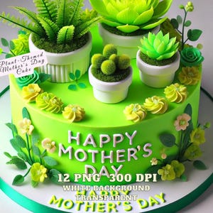 Bolo de Dia das Mães Clipart, 12 Bolo de Dia das Mães com Tema de Planta PNG, Bolo de Dia das Mães PNG Clipart, Bolo de Planta Verde para Celebração do Dia da Mulher PNG
