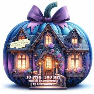 Sapphire Rose Pumpkin Cottage, Whimsical Pumpkin PNG, Clipart Fairy House, Autumn Cottage, Pumpkin House Art, Magical Fall Home, PNG Images