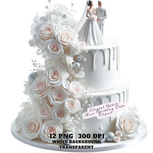 Bolo de casamento elegante com rosas brancas Clipart PNG, Arte de bolo floral PNG, Decoração de chá de panela, Sublimação de casamento, Download digital, Uso comercial
