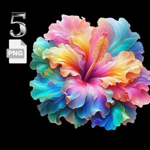 May include: A vibrant rainbow hibiscus flower with a pink center and blue, yellow, and orange petals.