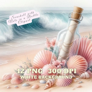 May include: A seashell with a message in a bottle on a beach with pink seashells and flowers. 12 PNG 300 DPI WHITE BACKGROUND