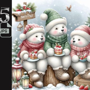 Ours polaires douillets mangeant un shortcake aux fraises au pôle Nord Clipart, art ours de Noël, illustration animal de vacances, 5 fichiers JPG, usage Commercial