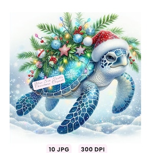 May include: A blue sea turtle wearing a Santa hat and carrying a decorated Christmas tree on its back. The turtle is surrounded by snowflakes and the text "Blue Sea Turtle Christmas Clipart".