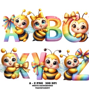 Cute Bee Alphabet Clipart A-Z PNG, Rainbow Honeybee Letters, Watercolor Bee ABC, Spring Nursery Art PNG, Bumblebee Alphabet Digital Download