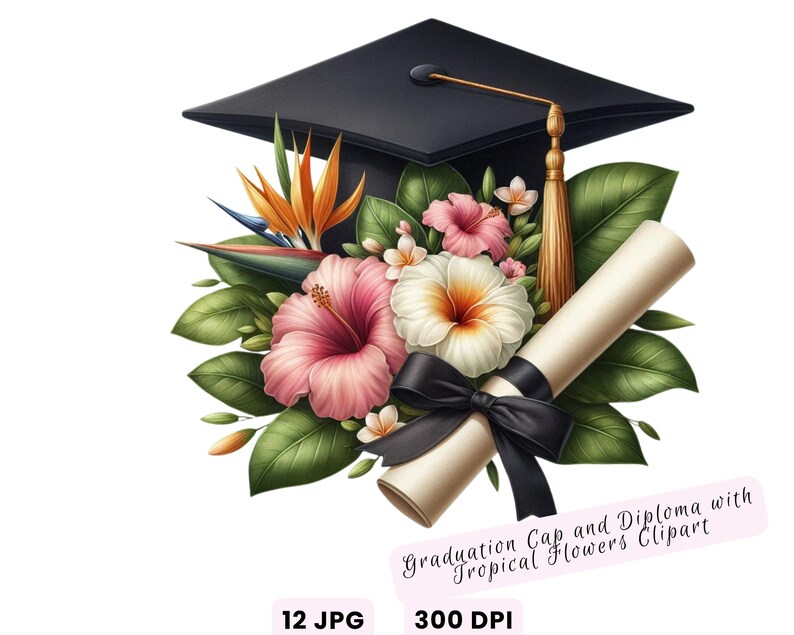 Watercolor Diploma and Cap With Flower Clipart, Graduation Clipart ...