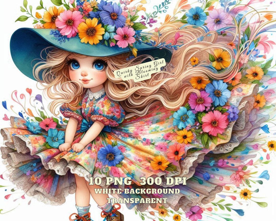 Whimsical Quirky Spring Girl Clipart, Quirky Spring Girl With