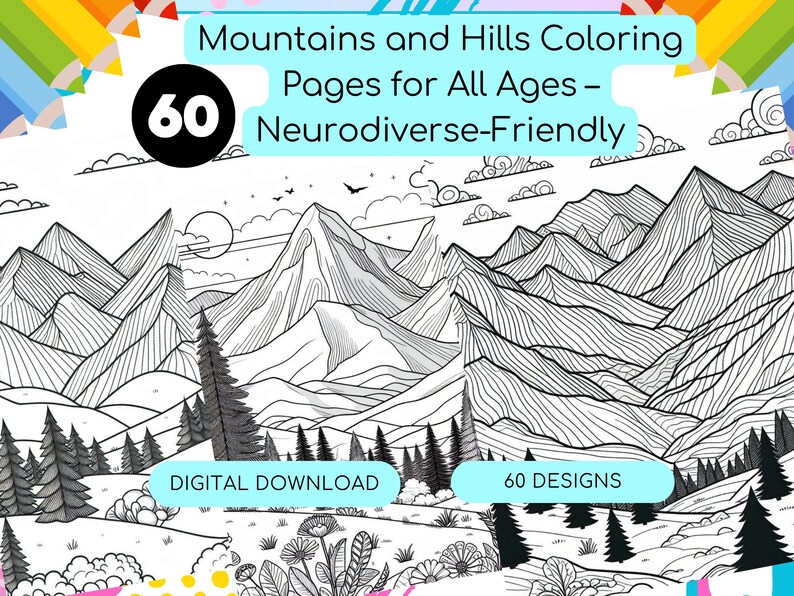Mountains and Hills Coloring Pages for All Ages Neurodiverse-friendly, Large Simple Images With ...