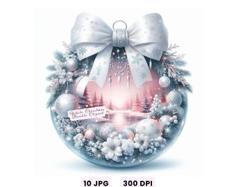 White Christmas Bauble Clipart, Watercolor Christmas Ornament Clipart, Winter Globe Clip Art, Xmas Balls JPG, Junk Journal, Xmas Tree Decor
