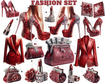 Elegant Red Fashion Set Clipart, Fashion Illustrations, Fashion High Heels Clipart, Couture Watercolor Digital Glam Girl Clip Art for Crafts
