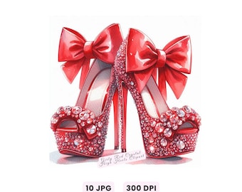 Puede incluir: Ilustración en acuarela de dos tacones rojos con grandes lazos. Los zapatos están cubiertos de cristales brillantes y tienen suelas de plataforma. El texto "Girly Red Crystal High Heels Clipart" está en la parte inferior.