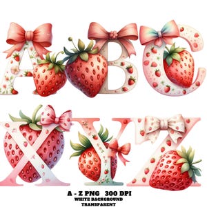 Strawberry Alphabets Clipart, PNG Digital Clip Art, Strawberry Letters Bundle, Summer Fruits A-Z, Cute Letters, Fruit Alphabet, Alphabet PNG