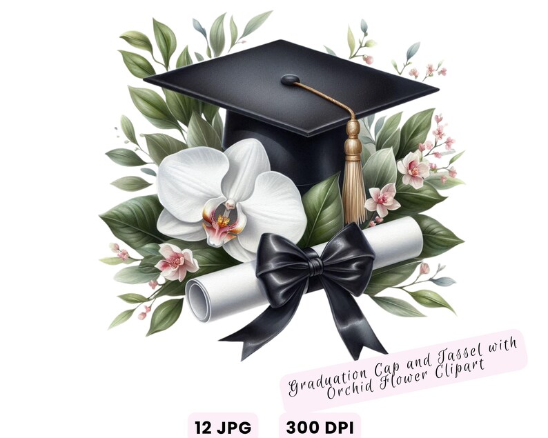 Watercolor Diploma and Cap With Flower Clipart, Graduation Clipart ...