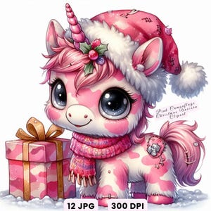 Baby Unicorn, Christmas Unicorn Clipart, 10 Watercolor Winter Unicorn Holiday Graphics JPG, Festive Digital Download, Crafts, Decor, Journal