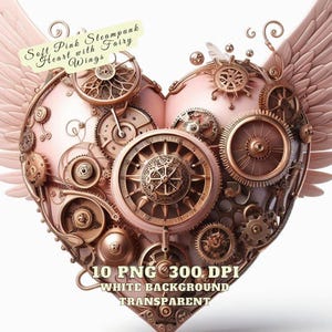 Hart roze steampunk clipart, zacht roze steampunk hart met sprookjes vleugels png, 10 steampunk hart clipart bundel, steampunk hart afbeelding png