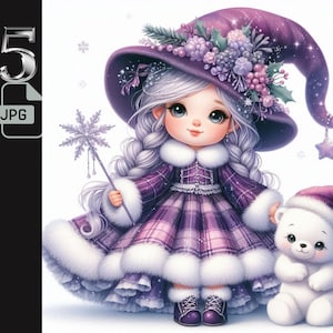 Gnomo de acuarela con cuadros lavanda y oso polar, arte de gnomo invernal, Navidad, gnomo y oso polar, JPG