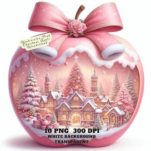 Aquarela rosa maçã natalina país das maravilhas, clipart festivo de férias, arte de maçã de inverno, decoração de natal caprichosa diário de lixo uso comercial