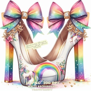 Aquarel regenboog eenhoorn hoge hakken clipart, fantasie schoenen png, magische hakken digitale kunst png, ongewenste dagboek, plakboek, sublimatie ontwerp