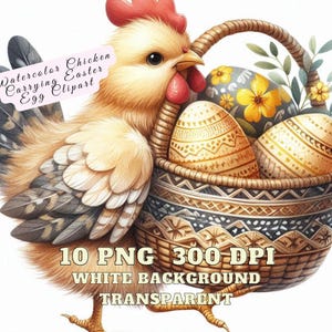 10 bundle di clipart di pollo pasquale, clipart di pollo acquerello che trasporta un cesto di uova di Pasqua, clipart di pollo pasquale con gallina e uova arrosto PNG