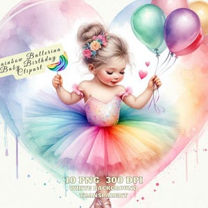 Verjaardag baby clipart, regenboog ballerina baby verjaardag clipart, roze tutu baby ballerina in hart, baby meisje ballerina verjaardagsfeestje png