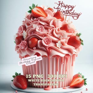 Erdbeere Geburtstag Cupcake Clipart, süße Erdbeer Clipart, Aquarell Cupcakes Clipart, Süßes Obst Geburtstag Cupcake PNG, kommerzielle Nutzung