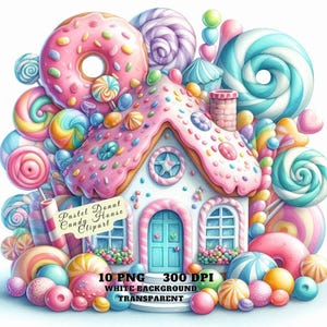 Clipart PNG di una casa di caramelle a forma di ciambella pastello, clipart di un'illustrazione di una casa dolce, grafica di un diario spazzatura, decorazioni per feste, artigianato, adesivi, uso commerciale