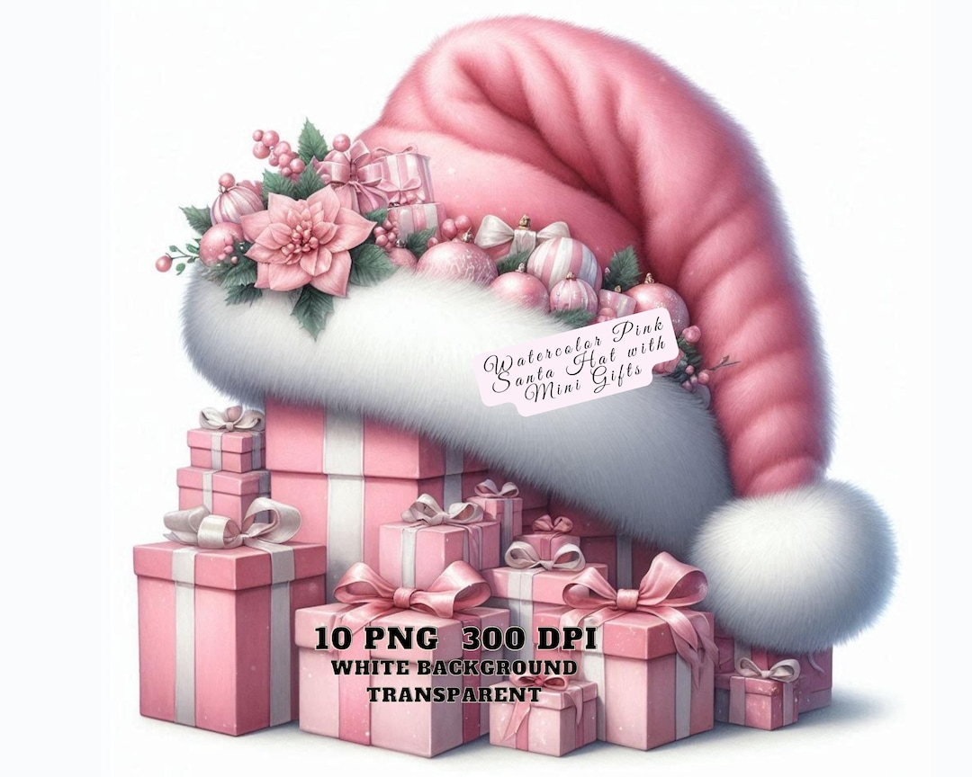 Watercolor Pink Santa Hat With Mini Gifts Clipart, Cute Christmas Hat ...