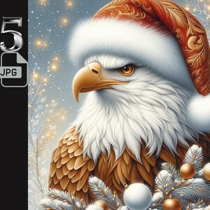 Aigle royal en clipart bonnet de Noel, oiseau de Noël, illustration de l'aigle des fêtes festives, art de la faune de Noël, téléchargement numérique, 300 DPI, 5 JPG