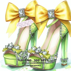 Tacones de cristal color lima con lazo amarillo (clipart): elegantes tacones verdes PNG, arte de moda, descarga digital, revista basura, uso comercial