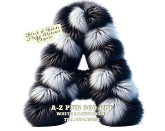 Pluizig alfabet clipart, zwart-wit pluizig alfabet clipart, bont letters PNG, zacht harig lettertype PNG, DIY kinderkamer kunst aan de muur, voor commercieel