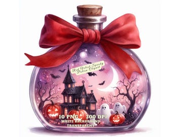 Imágenes prediseñadas espeluznantes, imágenes prediseñadas de poción espeluznante de terciopelo rojo de Halloween, imagen PNG de botella de Halloween, ilustración de poción de bruja, arte de frasco mágico, uso comercial