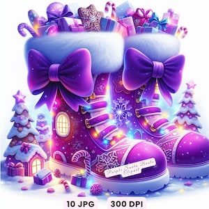 紫のサンタブーツのクリップアート、水彩画のクリスマスサンタブーツ、バイオレットホリデーJPG、デジタルダウンロード、クリスマスイラスト、商用利用