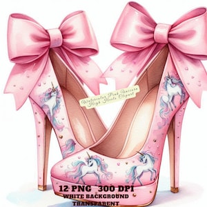 Clipart de tacones altos de unicornio rosa en acuarela, zapatos de fantasía PNG, arte de moda mágico, diseño gráfico de sublimación para diario basura con descarga digital