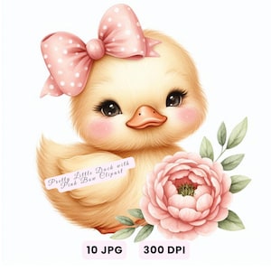 Clipart di anatra, anatra carina in formato JPG, graziosa paperella gialla con fiocco rosa, anatroccolo acquerello in formato JPG, arte con animali per la cameretta dei bambini, baby shower di compleanno