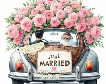 Just Married Couple in Vintage Car Clipart, Wedding Car with Red Roses PNG, Junk Journal Digital Art, Commercial Use, Instant Download, DIY