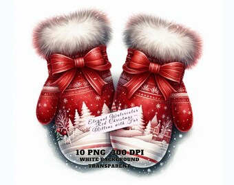 Christmas Graphics, 10 Watercolor Christmas Mittens Clipart, Red Fur Mittens PNG, Winter Gloves Clipart,  Digital Download for Crafts, Decor