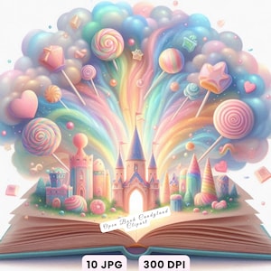 Open boek clipart, magische open boek PNG, Candyland verhalenboek clipart, fantasy boek illustratie pastel sprookje clipart Craft Junk Journal