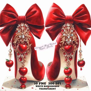 Elegantes tacones de manzana de terciopelo rojo con lazo coqueto. Ilustración PNG de zapatos de moda para pegatinas, revistas, manualidades y uso comercial.