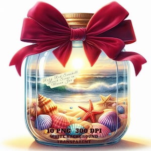 Könnte beinhalten: Ein Einmachglas gefüllt mit Sand, Muscheln und einem Seestern. Das Glas ist mit einem roten Band gebunden und trägt ein Etikett mit der Aufschrift "Ruby Red Seashell Beach Scene in Mason Jar".