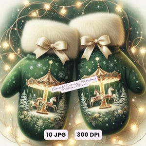 Luvas de Natal clipart, 10 luvas de inverno JPG, pacote de luvas de inverno carrossel esmeralda JPG, arte de luvas festivas para cartões, artesanato e decoração