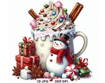 Holiday Clipart, 10 Christmas Hot Cocoa Mug, Festive Winter Drink, Cute Xmas Art Dessert, Digital Download JPG, Decor, Crafts, Junk Journal
